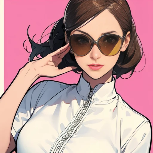 , sunglasses perched on forehead , A girl, only one sunglasses , high-quality, detailed