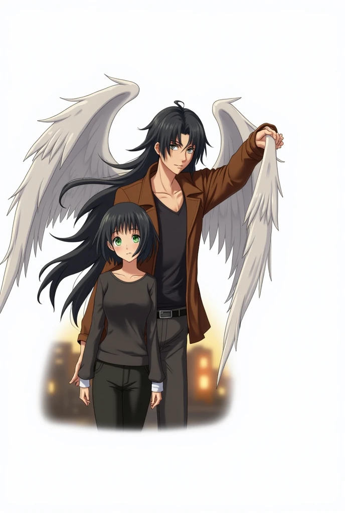 2 people. boy, long black hair, grey eyes, in a black T-shirt and a brown jacket, Beautiful face, beautiful body, Girl with angel wings, Black short shoulder length hair, green eyes, Anime art of a hand on a guy's shoulder, masterpiece, realistically