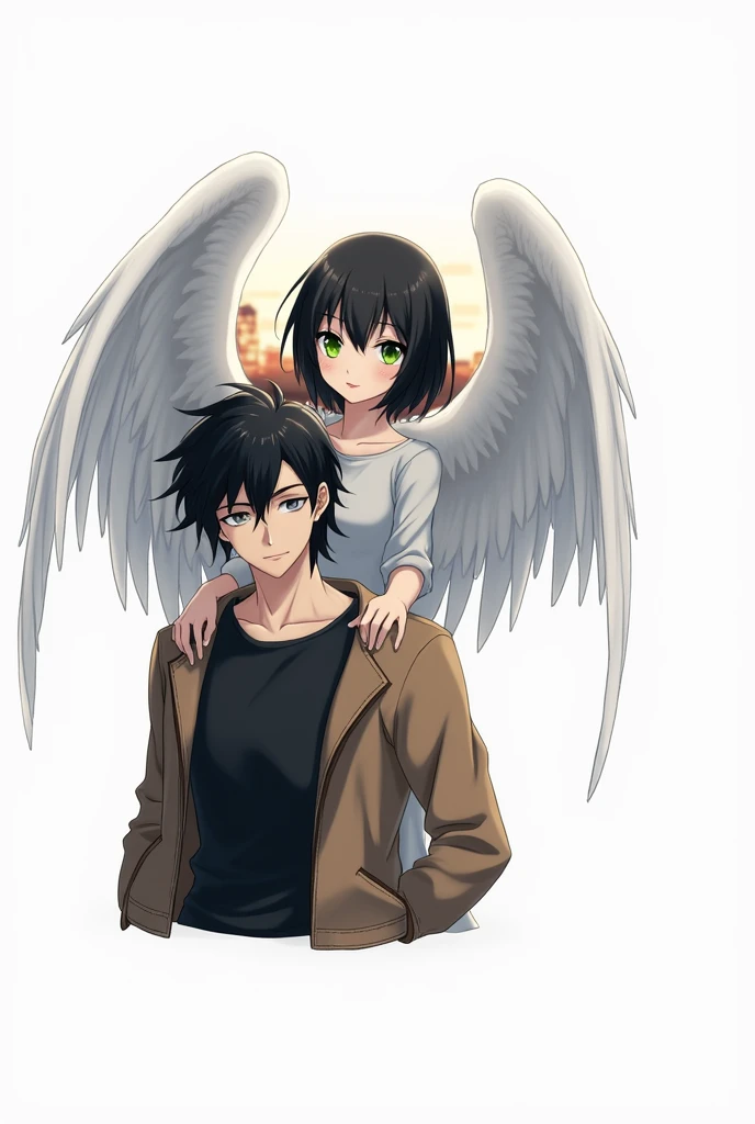 2 people. boy, long black hair, grey eyes, in a black T-shirt and a brown jacket, Beautiful face, beautiful body, Girl with angel wings, Black short shoulder length hair, green eyes, Anime art of a hand on a guy's shoulder, masterpiece, realistically