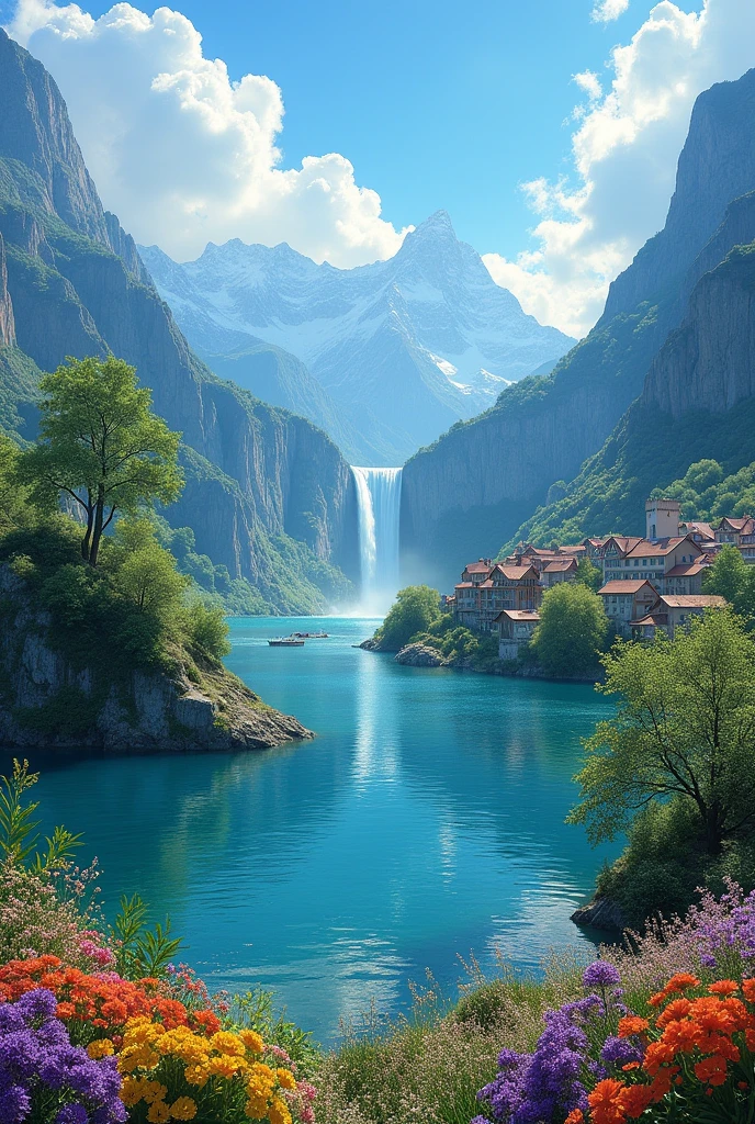 head of'artwork, best quality, high quality, extremely detailed CG unit 8k Wall Paper, scenery, Outside, sky, nuvens, jour, Grand Medieval Tour, no'humains, mountain, scenery, water, tree, Blue sky, waterfall, falaise, nature, lake, river, village, automne, nuvensux sky, multicolored flowers, award-winning photography, bokeh, depth of field, HDR, floraison, aberration chromatique, Photorealistic, extremely detailed, tendance sur Arti station, tendance sur CGsociety, Complexe, high details, spectacular, art à mi-parcours