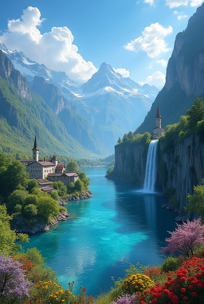 head of'artwork, best quality, high quality, extremely detailed CG unit 8k Wall Paper, scenery, Outside, sky, nuvens, jour, Grand Medieval Tour, no'humains, mountain, scenery, water, tree, Blue sky, waterfall, falaise, nature, lake, river, village, automne, nuvensux sky, multicolored flowers, award-winning photography, bokeh, depth of field, HDR, floraison, aberration chromatique, Photorealistic, extremely detailed, tendance sur Arti station, tendance sur CGsociety, Complexe, high details, spectacular, art à mi-parcours
