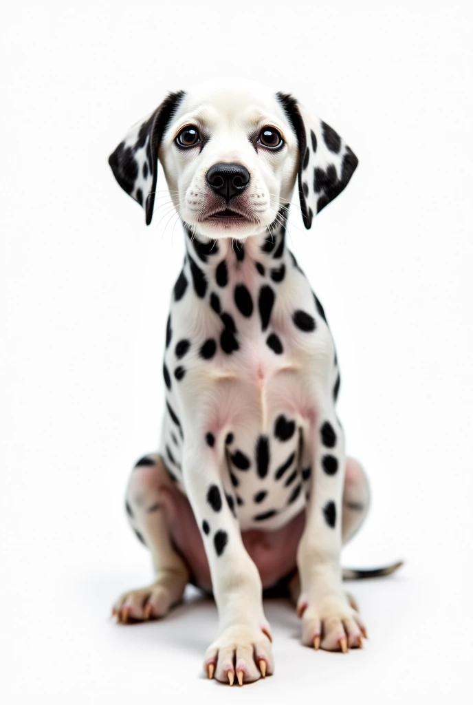 The image shows a small Dalmatian puppy sitting on its hind legs, with an adorable expression and a look that seems to be directed straight at the observer.
The puppy is in the foreground, occupying most of the image, which allows you to appreciate its facial features and posture in detail. Its coat is marked with the characteristic black spots on a white background, giving it a unique and distinctive look.
The puppy's eyes are big and bright, conveying a tender and innocent gaze. His head is tilted slightly to one side, in a curious and attentive pose, as if it were observing the viewer with interest.
The puppy's seated posture, with its front paws raised, giving it an adorable and playful appearance, that further enhances its charm.
The clean, distraction-free white background focuses all attention on the Dalmatian puppy, allowing its beauty and tender expression to stand out without distractions.