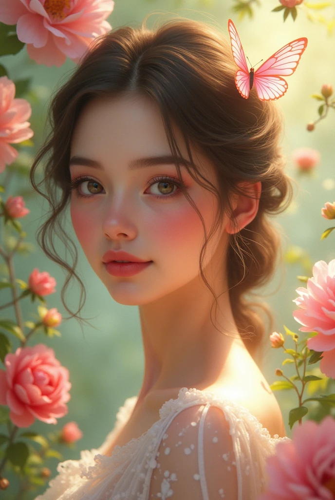 General Shape : Oval or slightly heart-shaped with soft contours.
peau : smooth, 's uniform, fair complexion with shades of pink or peach, often with a natural glow.
eyes : Almond-shaped or slightly rounded, brillants, with long, thick eyelashes. Couleur variée allant du bleu au brun.
Sourcils : well defined, slightly thick, en arc avec des contours naturels.
nose : Proportionate, with a soft, rounded shape, small, well-defined nostrils.
Lips : Full, well-shaped, with a clear outline, generally pink or rosy in color.
Menton : slightly rounded, proportionné au visage.
cheeks : Slightly prominent, avec une teinte rosée et une apparence fraîche.