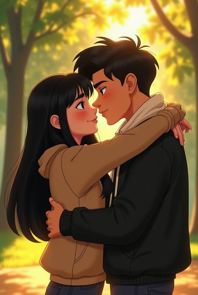 Disney Two agers hugging looking into each other's eyes, A girl with long hair, very straight and black, tanned with dimples on her cheeks and brown eyes, round nose and wearing a large beige shirt. A light skinned boy, thick lips, aquiline nose and horse with a low taper fade haircut, eyes a little big with a black Disney jacket
