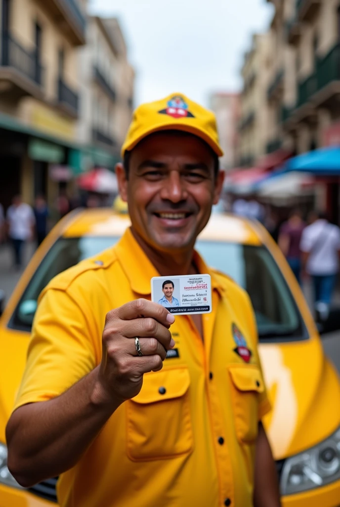 Peruvian taxi driver showing his ID card