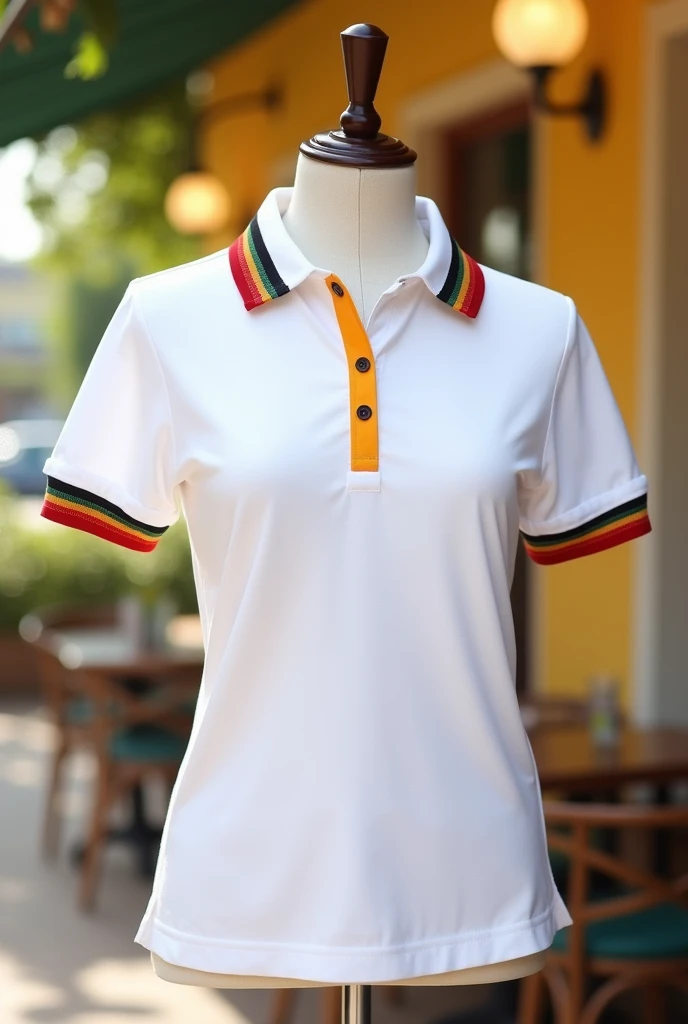 Plain white polo shirt having red, gold, black and green stripes at the end of collar and hands in HD