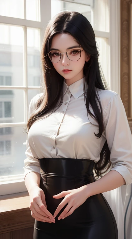 A woman wearing delicate round glasses，Gold frame round glasses, Wavy Hair、casual long hair、Beautiful long black hair、Portrait facing the front、Golden Ratio,、Sparkling, shining eyes，Attractive adult pretty woman、Ultra-high resolution, elegant、Office Casual、A clear and serious atmosphere、Dress shirt、Library、A bright room with soft light、Professional photography、Ultra-high resolution, (Realistic:1.4), full_body,RAW Photos, 