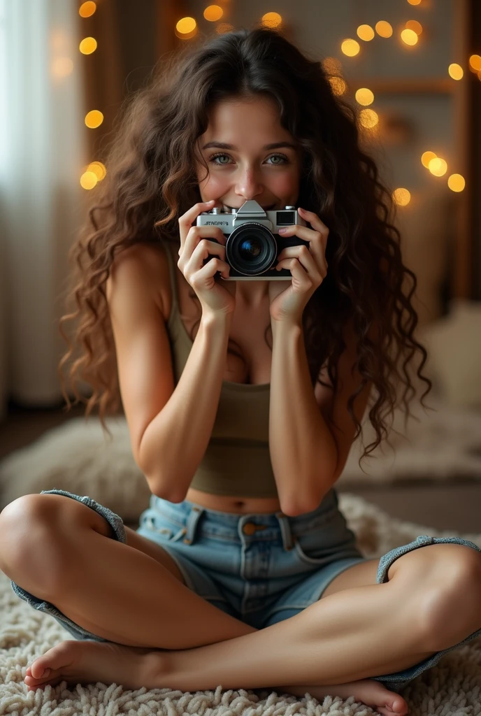 A brunette girl with curly hair and big breasts sits with her legs stretched out, taking a realistic photo