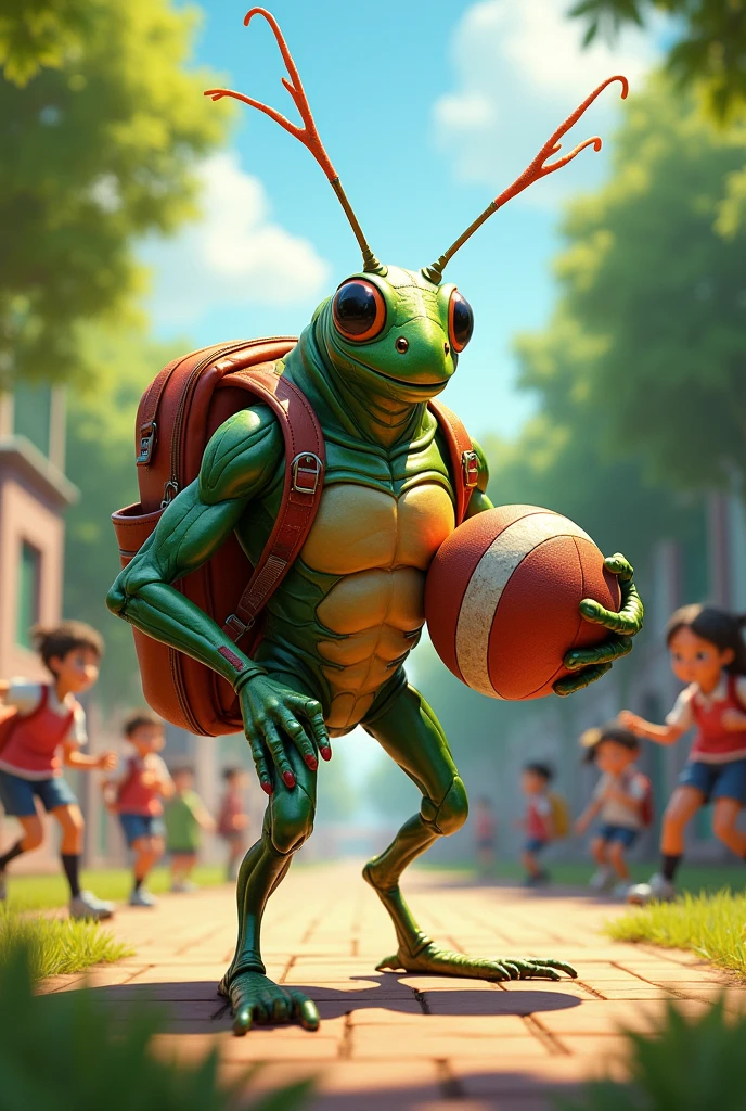  insecte Grillon . 
Très Musclé.
court avec un ballon de rugby et un sac d'école 