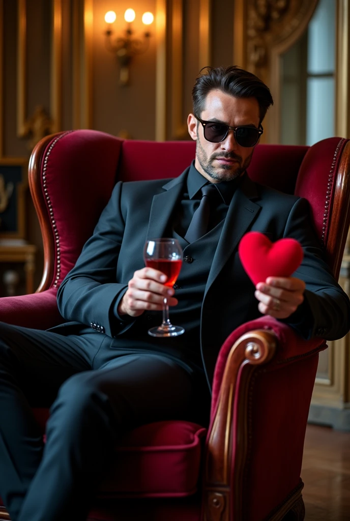 Man in elegant suit, with dark glasses, sitting in an elegant chair, In one hand a glass and in the other the heart
