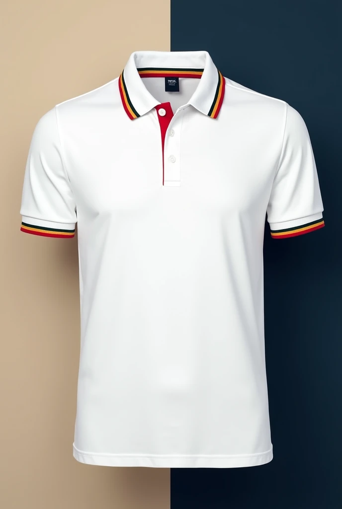 Plain white polo shirt having red, gold, black and green stripes at the end of collar and hands in HD