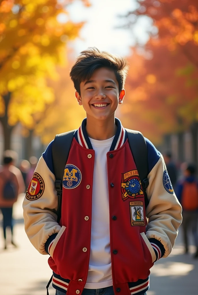 Take a photo of a 14 year old boy who is 1.A 50-year-old guy who loves basketball and is American becomes student body president and falls in love with a Chinese girl.