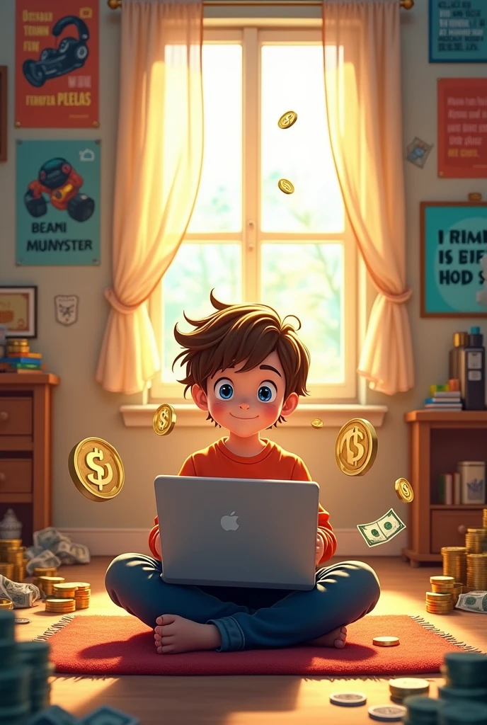 Imagine a drawing of a boy making money on the internet (rectangular image)