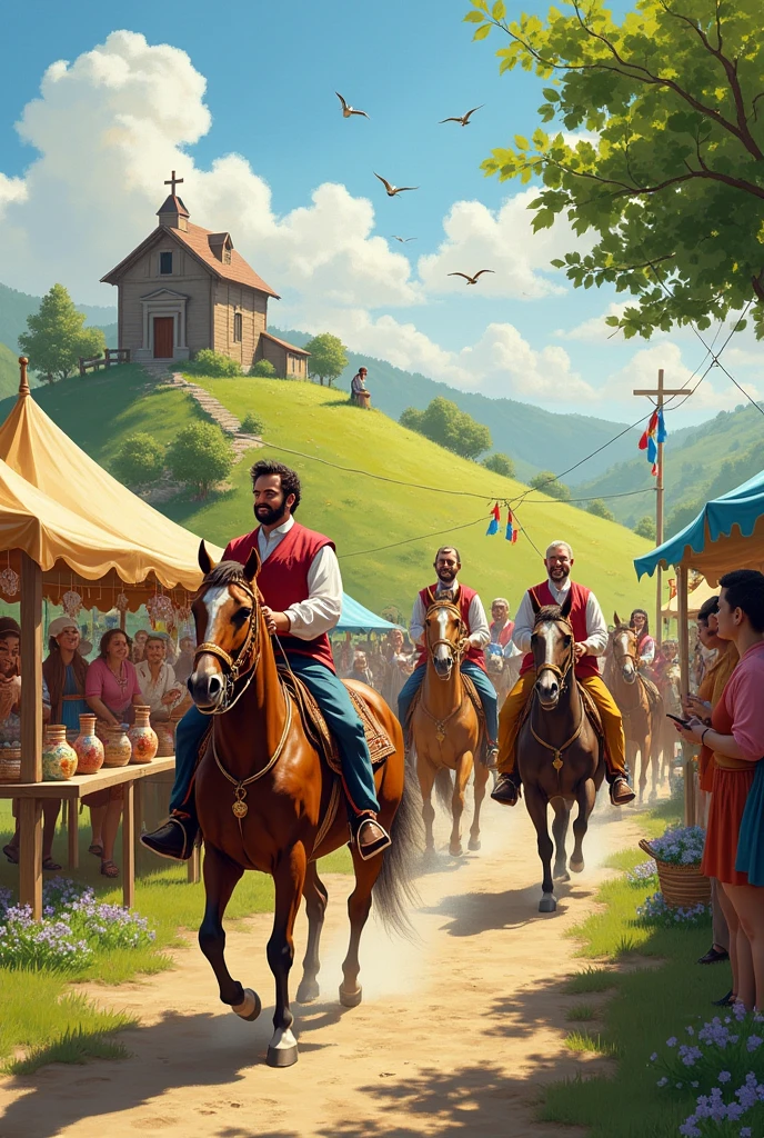 create an image involving horseback riding, religious events and crafts.