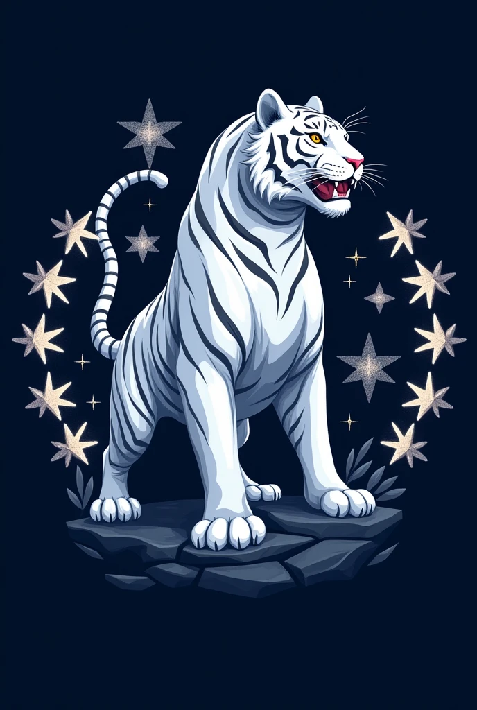 Flaag symbol of country for emblem with 600×800 pixel size, in the middle is a four legged white tiger with 50 stars symbolizing the Huaxia tribe ruling 50 country of the world and there are dark blue background color with no decoration. 