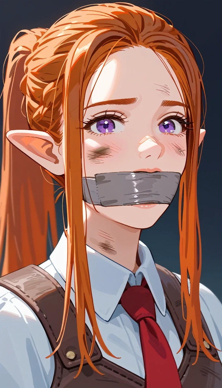 1female elf, ponytail, flaxen hair, purple eyes, very detailed long hair, ((intricate hairstyle:1.3)), half up half down pony tail, (((ginger hair))), pale skin, wearing ripped leather armor, damaged armor, detailed face, focus on face, detailed face, perfect skin, beautiful, Insanely detailed, close up, taped mouth, ((tape gag: 1.3)), gag, ((gagged)), arms bound behind back, elbows taped, wrists taped, desperate struggle, thrashing, arched back, chair tied, (tie up tape: 1.2), roped to chair, frightened, pleading eyes, stalker, kidnapped, true crime, dirty basement, tense atmosphere, peril, impending , close up, panicking, frightened, pleading eyes, stalker, kidnapped, true crime, (dirty basement: 1.3), tense atmosphere, peril, impending , close up, panicking, anime, (dynamic angle:1.1), masterpiece, (illustration:1.1)