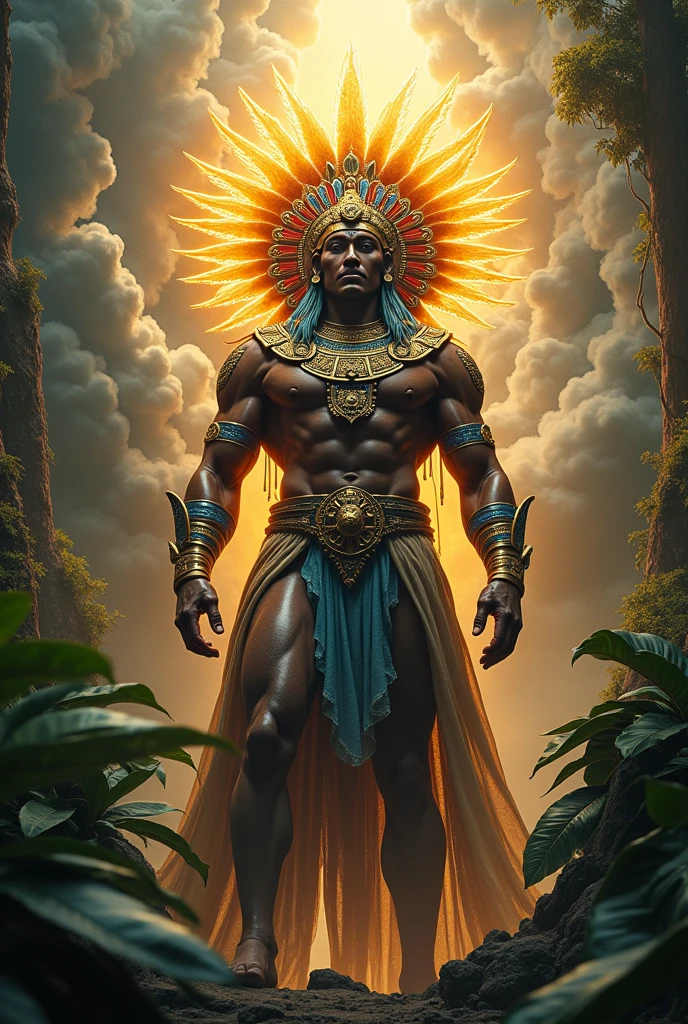 Full body God Chaac standing facing forward with large headdress and rays