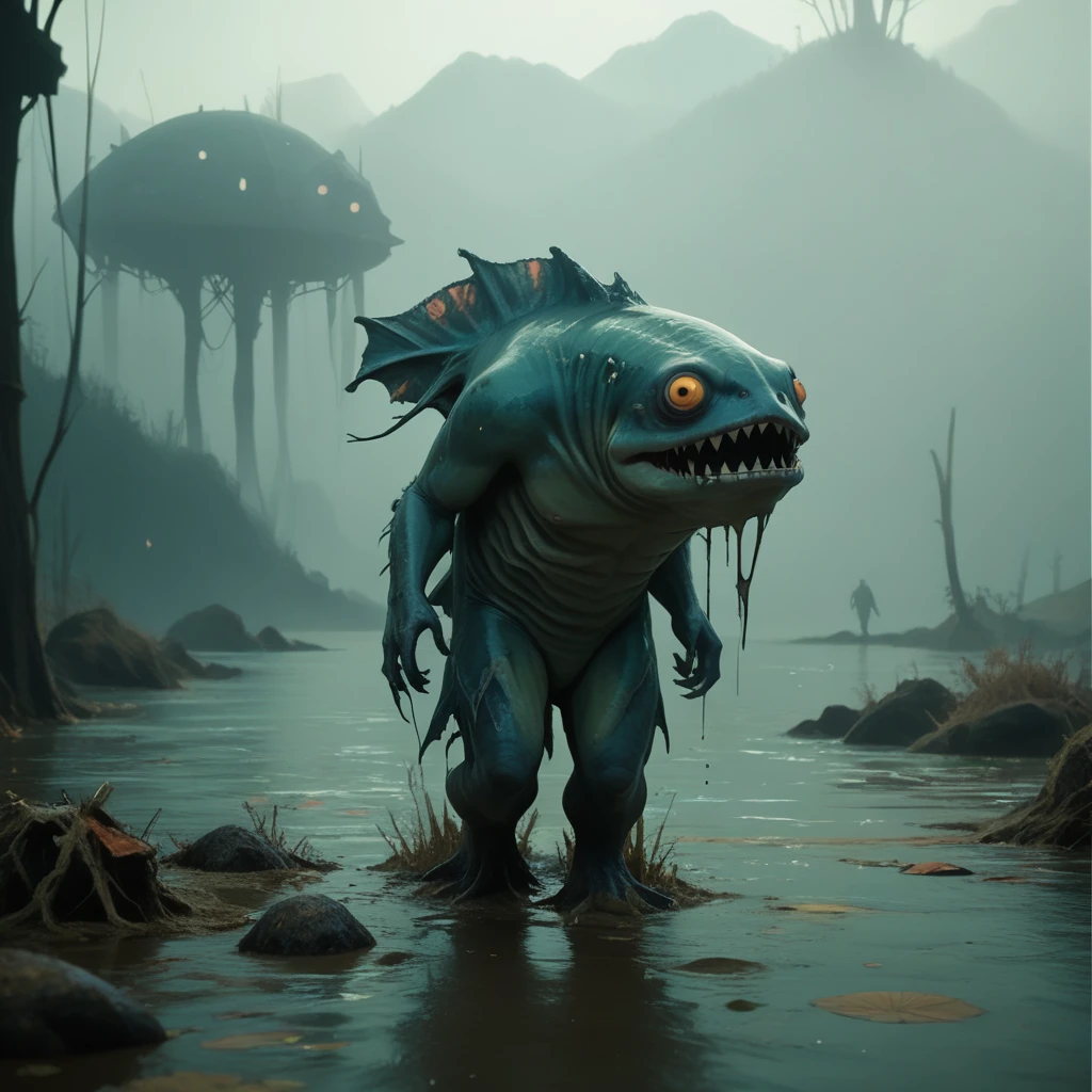 A fish creature walking through a muddy area, scary fish, scary sea monster, scary creature, swamp monster, realistic creature concept, monster ashore, from a 2 0 1 9 sci fi 8 k movie, aquatic creature, fish man, neil blomkamp film landscape, ps5 cinematic screen capture, the evil within monster, film still dnd