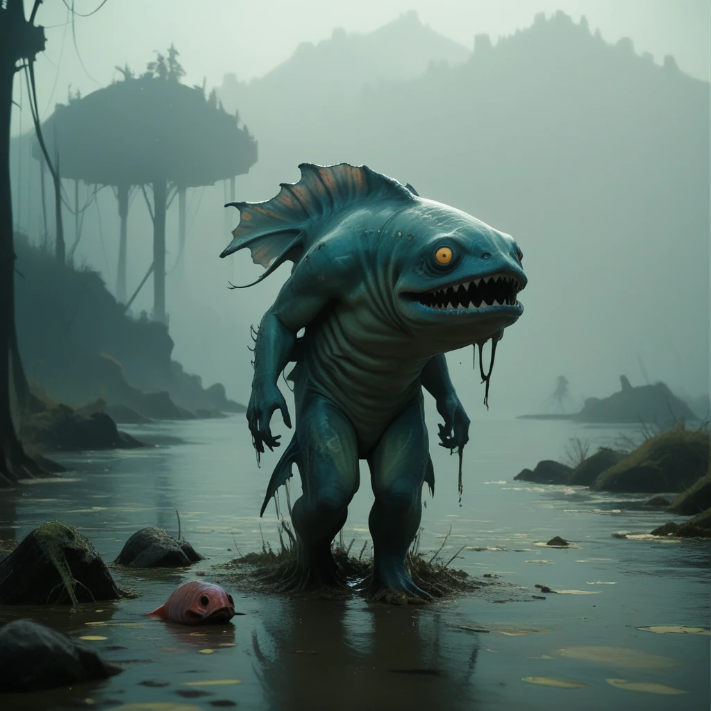 A fish creature walking through a muddy area, scary fish, scary sea monster, scary creature, swamp monster, realistic creature concept, monster ashore, from a 2 0 1 9 sci fi 8 k movie, aquatic creature, fish man, neil blomkamp film landscape, ps5 cinematic screen capture, the evil within monster, film still dnd