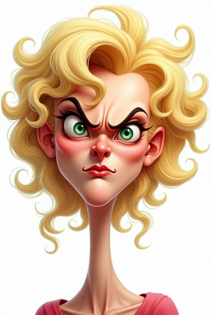 Woman white skin curly hair blonde color green eyes very angry expression caricature style white background