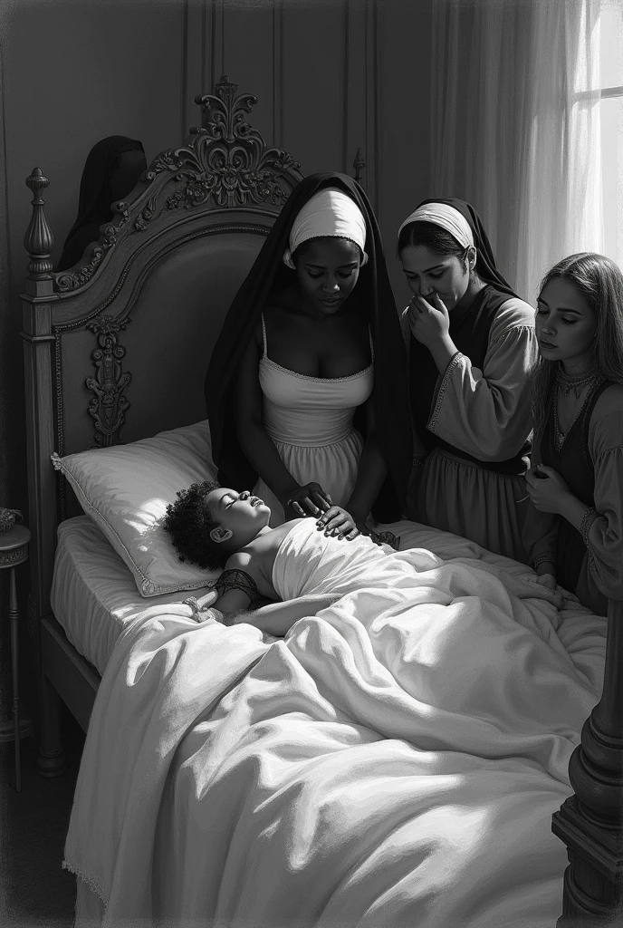 Scene of a girl lying in bed with maids and servants weeping around her while a black maid embraces her in black and white drawing with shadows