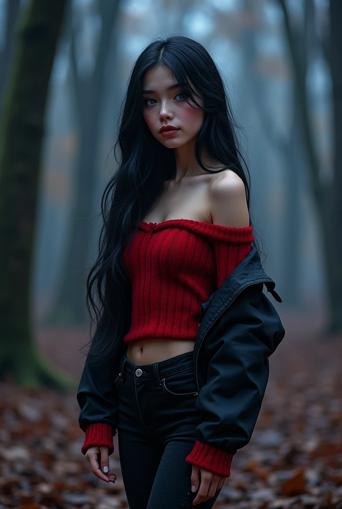 masterpiece, best quality, highly detailed, 1girl, solo, hair down, very long hair, red off-shoulder sweater, black varsity jacket, black jeans, looking at viewer, smile, blush, Wide Smile, Eyes Detailed & Wide, sexy Pose. Ultra HD, Rococo-Inspired Fantasy Art With Intricate Details. Cute, Charming Expression, Alluring-Gaze, looking at viewer Beautiful Eyes, An-Ideal-Figure. Large Youthful Well-Shaped-Breasts, plump breasts, Massive-Round-Bosom, Décolletage. slim waist, fit body, full lips, Warm lights , woman in a starry forest at night, with straight hair, delicate face, realistic, real, slim, large aperture, sexy shots, attractive pose, Russian, Indonesian. symmetrical face, photorealistic, photography, path tracing, specular lighting, volumetric face light, path traced hairmaximum quality{(masutepiece) (8K High Resolution) (top-quality), with heterochromia, with blue eyes, with red eyes, black hair.