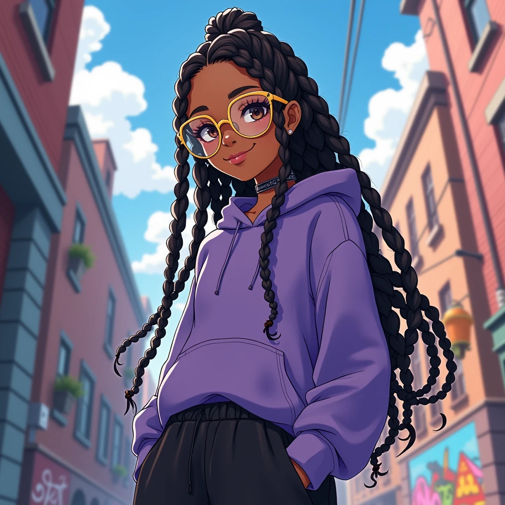 ((best quality)), ((masterpiece)), (detailed), 1girl, long black box braids, brown eyes, Round glasses, tan skin,dark skin ,BROWN SKIN, SHE HAS LIGHT BROWN SKIN, body, wearing plain purple hoodie, wearing long black sweat pants, absurdres, high res, ultrasharp, 8k, masterpiece, looking at viewer, anime inspired, cool background, androgynous, smiling, large round gold glasses, no airplanes, wearing a choker on neck