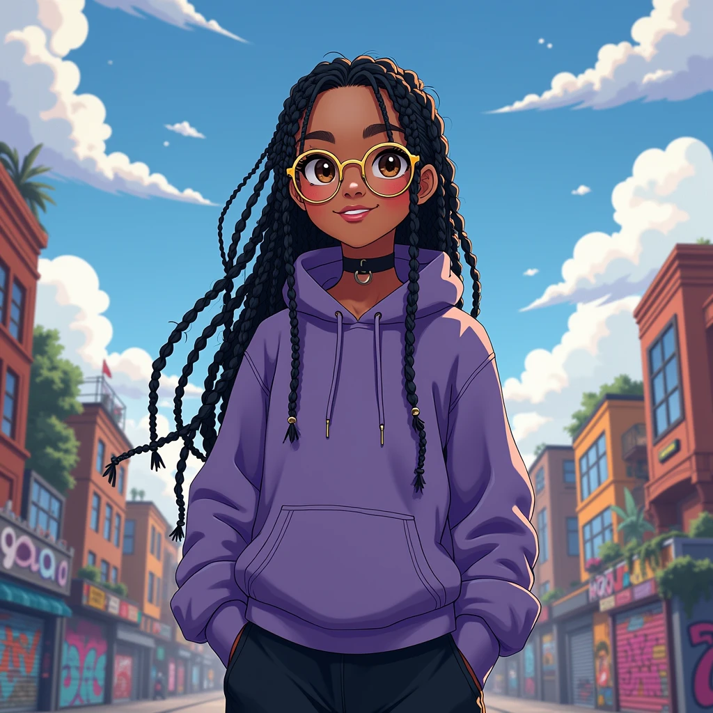 ((best quality)), ((masterpiece)), (detailed), 1girl, long black box braids, brown eyes, Round glasses, tan skin,dark skin ,BROWN SKIN, SHE HAS LIGHT BROWN SKIN, body, wearing plain purple hoodie, wearing long black sweat pants, absurdres, high res, ultrasharp, 8k, masterpiece, looking at viewer, anime inspired, cool background, androgynous, smiling, large round gold glasses, no airplanes, wearing a choker on neck