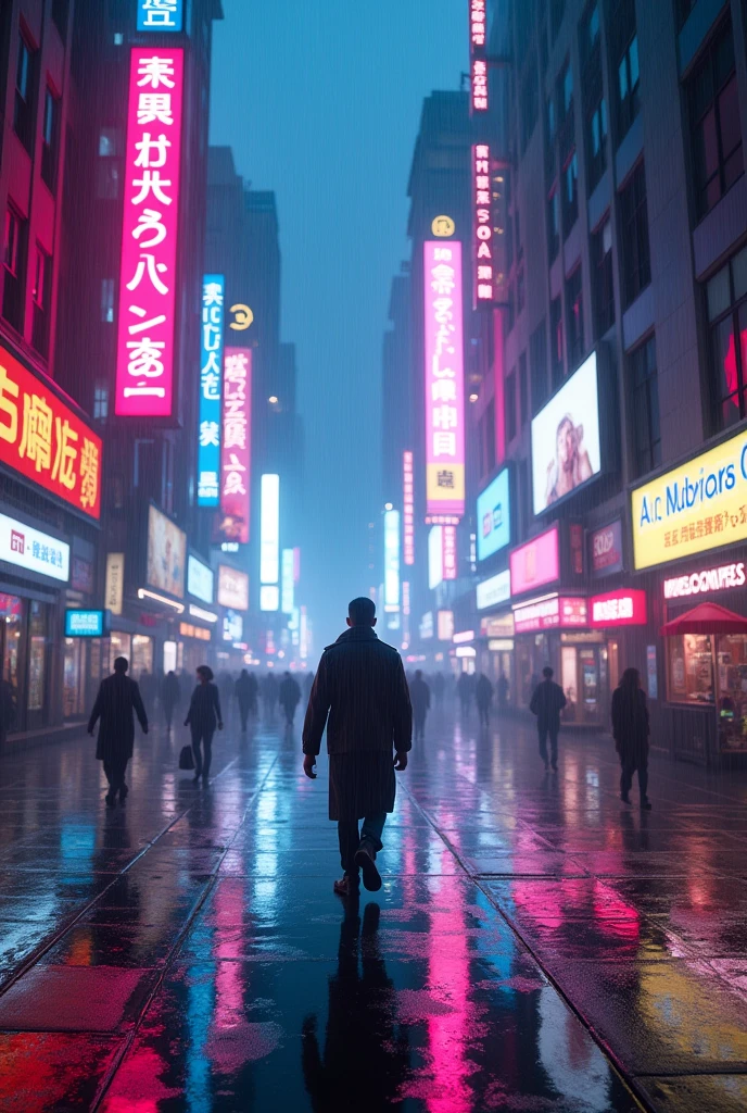 painting of a man walking down a city street in the rain, in a futuristic cyberpunk city, cyberpunk dreamscape, cyberpunk street, cyberpunk themed art, in cyberpunk city, in a cyberpunk city, cyberpunk vibrant colors, at a cyberpunk city, cyberpunk vibes, at an cyberpunk city, cyberpunk art style, dreamy colorful cyberpunk colors, cyberpunk lights, cyberpunk city street