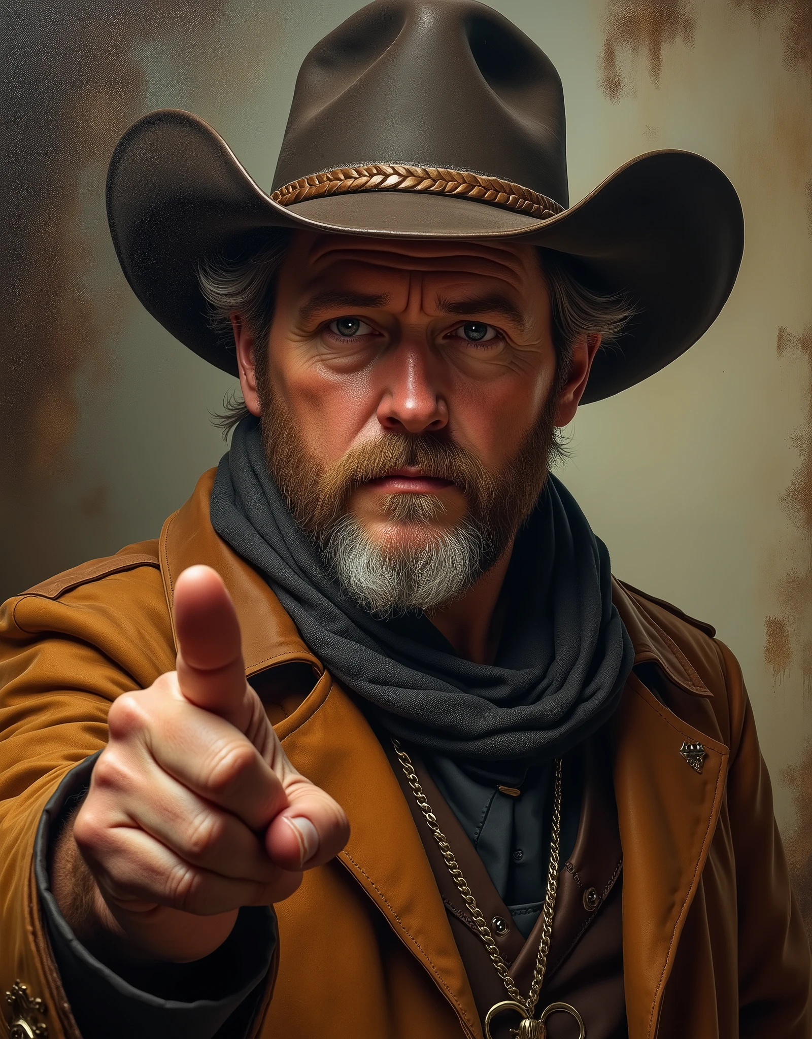 (gaben:1.2), realistic perfect face portrait, perfect hands,gabe newell, close portrait oil painting, 19th century cowboy, octane render, unreal engine 5, atmospheric (lighting:1.3), intricate, detailed, art by Frederic Remington, by HW Hansen, by Charles Marion Russell, by William Herbert Dunton