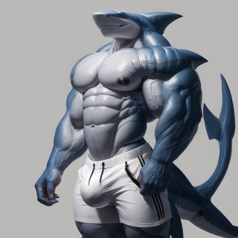 furry growth, big Bulge, hyper growth, hyper muscles, a shark, blue, cute shark, shirtless, white shorts, muscular, on a gray background