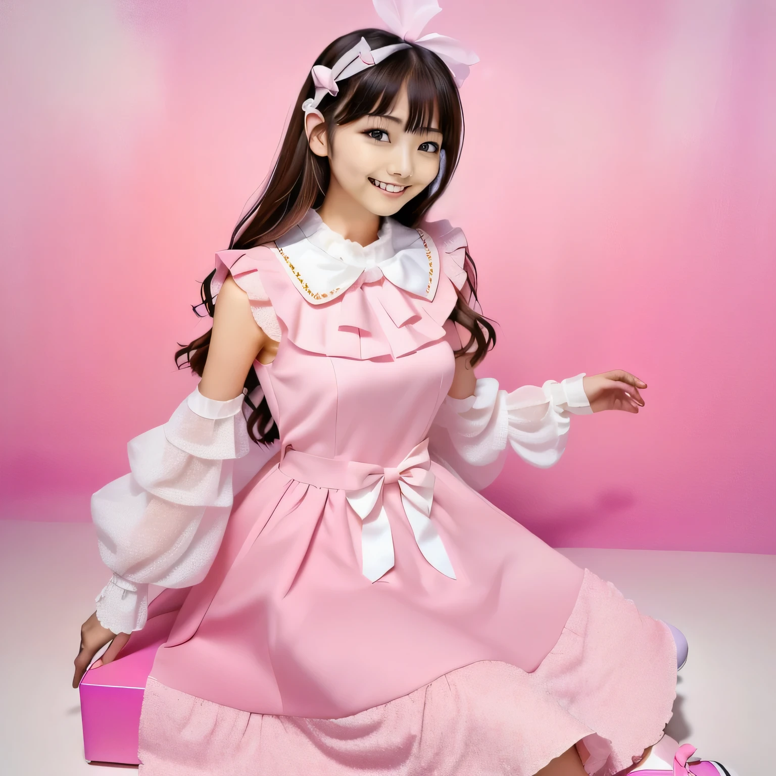 In front of the pink wall、A giraffe wearing a pink dress and white shoes, pastel', Cute Style, pastel, sakimichan, Soft and cute colors, Frilled collar, Portraiture!!, in pastel colors, Ruffled Costume, Magical Girl Style, Caitlin Mini Cute Style, Rococo frill dress, Taste、、Face that faithfully reproduces the face of LoRA, High resolution, Very detailed, Natural Bangs, highest quality
