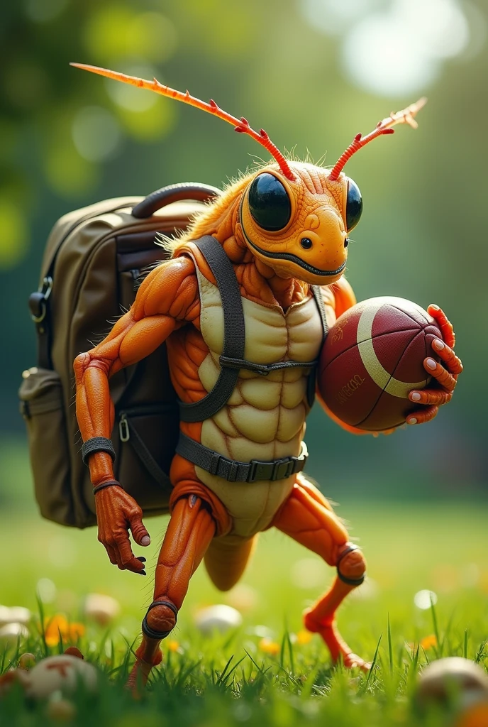 insecte Grillon .
Très Musclé.
un ballon de rugby dans la main et un sac d'école