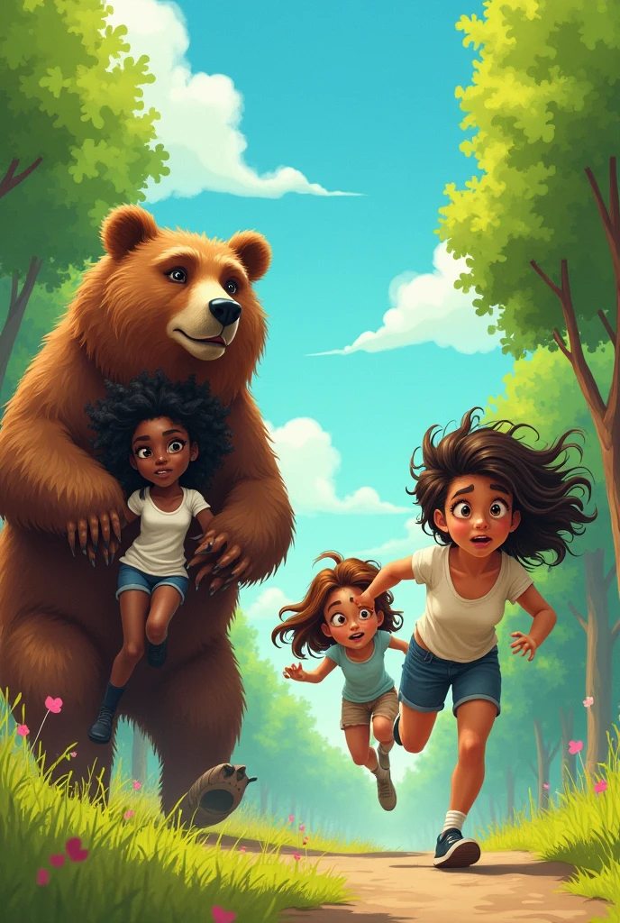 fat white female chasing a bear while the bear is holding black teen female and white teen female running away