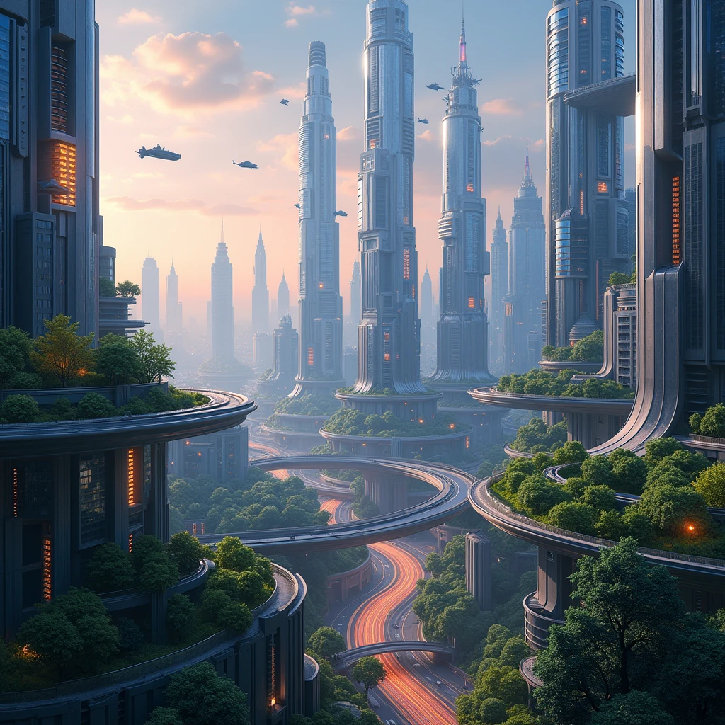 {
"prompt": "A detailed depiction of a futuristic city skyline at dusk, blending advanced technology with nature. The city features towering skyscrapers with sleek, reflective surfaces and bright neon lights. These buildings are interconnected by suspended highways and skybridges, with flying vehicles navigating between them. Green spaces with trees and vegetation are integrated into the architecture, including rooftop gardens and vertical forests. The city has a vibrant, clean atmosphere, wit