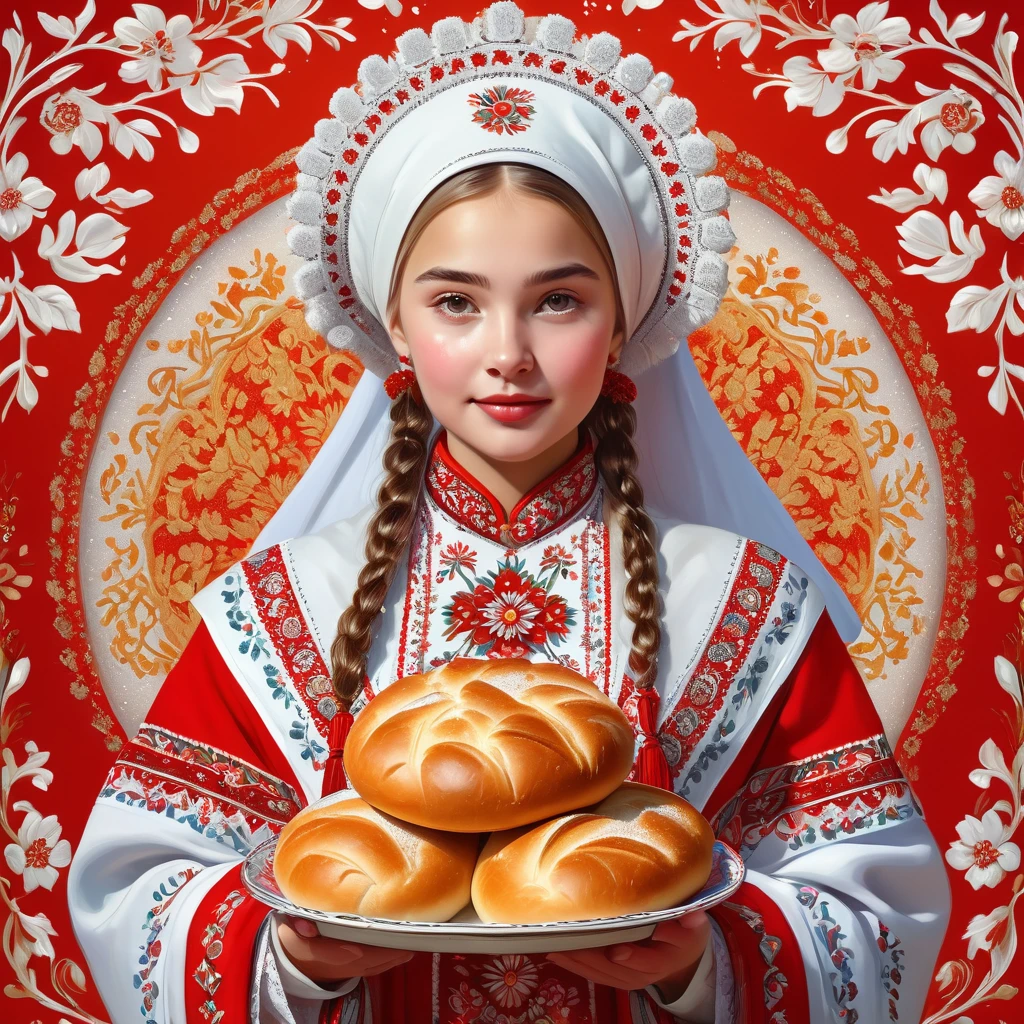 Girl in traditional Russian attire offering bread and salt against a vibrant red and white background decorated with Russian patterns, embodying the spirit of Russian realism, capturing cultural essence, intricate details on costume, ceremonial presentation, warmth and hospitality emphasized, digital painting, ultra realistic.