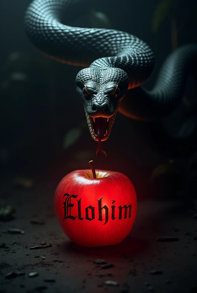 a python snake with its mouth open wanting to attack, Circling an apple in the middle of the darkness, The apple has letters written on it that say Elohim, the python snake looking darkly