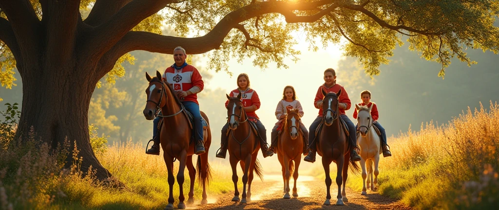 create an image involving horseback riding, Catholic events and crafts.