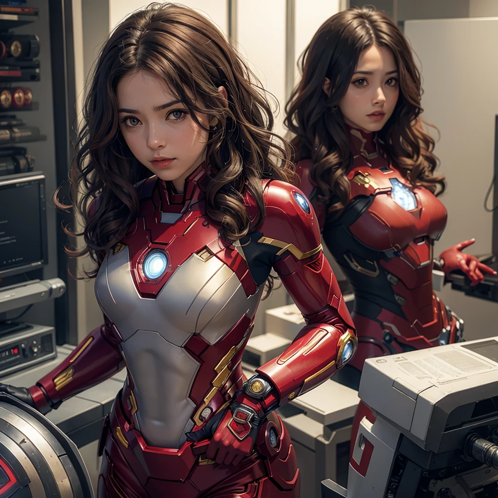 Woman with curly, not wavy hair, wearing an Iron Man suit from Marvel.