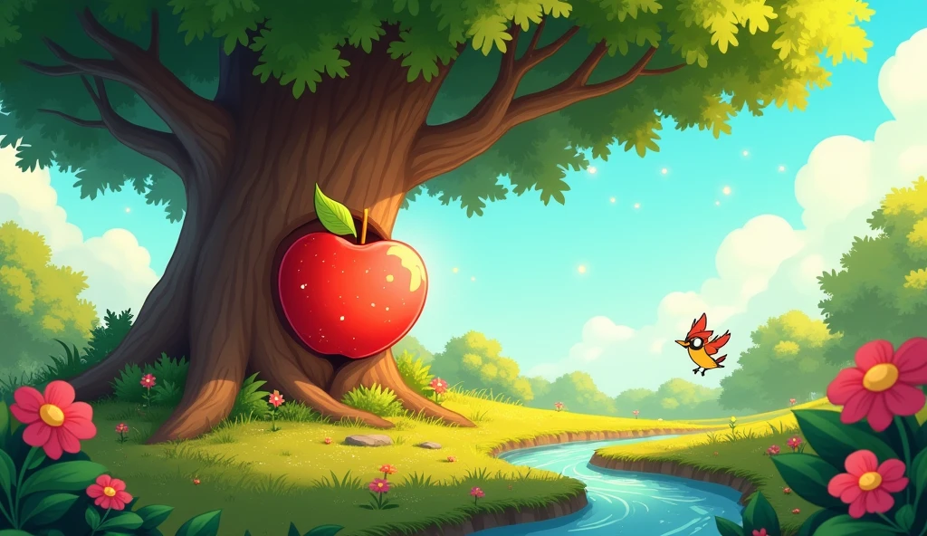 a magical apple hidden by a sparrow for kids cartoon