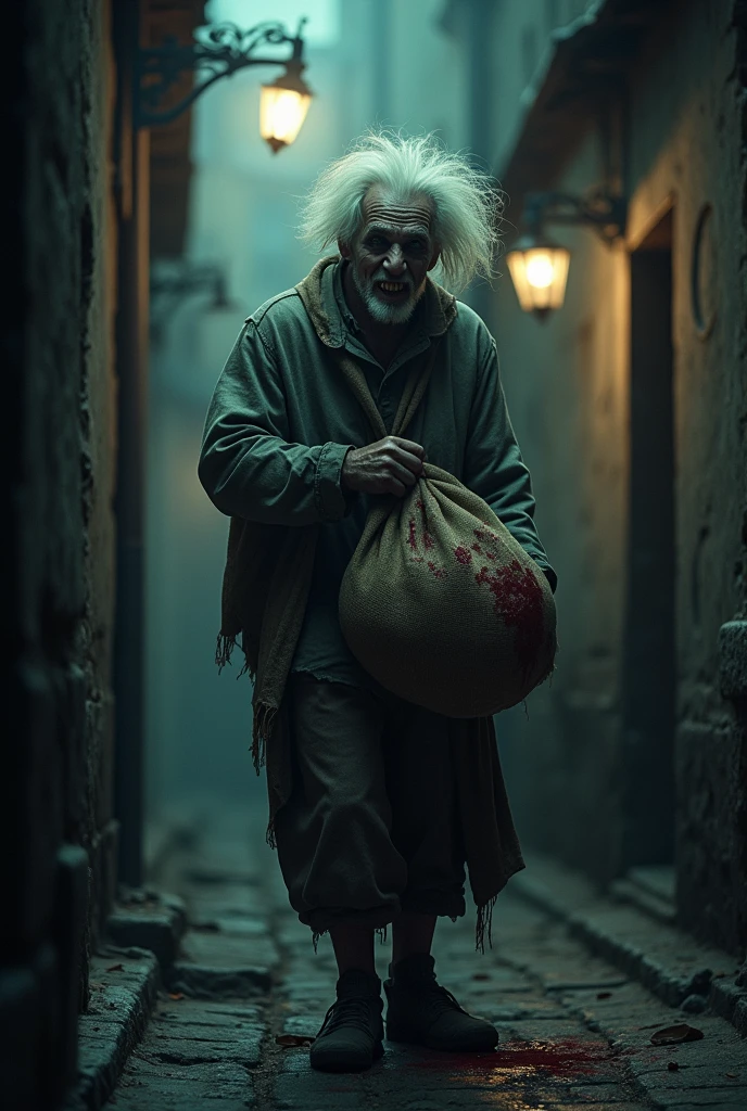 Prompt Resumido:
"Create an eerie image of the 'Papa-Figo,' a sinister old man with pale skin, wild white hair, and a menacing grin. He wears tattered, blood-stained clothes and carries a large burlap sack to capture children. Set the scene in a dark, misty alleyway at night, with dim, flickering light casting an ominous glow on his twisted figure with a "