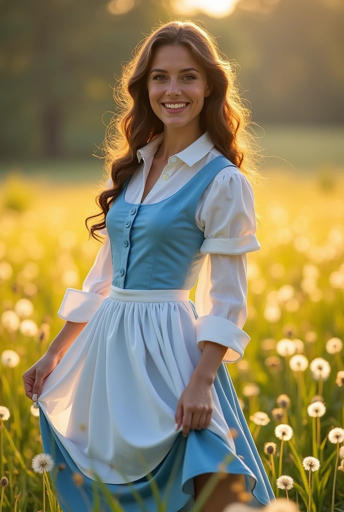 Brunette influencer, Cosplay as Belle from Beauty and the Beast outfit, standing in a field of dandelions, wearing a blue dress with white shirt underneath and white apron, pulling up her dress to reveal cute satin panties, cute smile, taken with a Canon R5 F1.2
