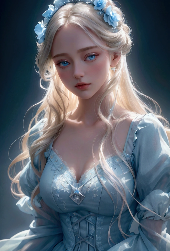 Mysterious and gorgeous scene with stars, flowers, natural light, light and brightness. Glossy rich white blonde_straight long hair, pastel sky blue outfit_lace puff sleeves, detailed details, (highest quality, 4K, 8k, high resolution, masterpiece: 1.2), (upper body close-up angle), (highly detailed, realistic: 1.37), the movie consists of soft lighting, dramatic mood lighting, vivid colors, dreamy, subtle magical dark background details, quiet, fragile, elegant, cinematic, dramatic, great composition.