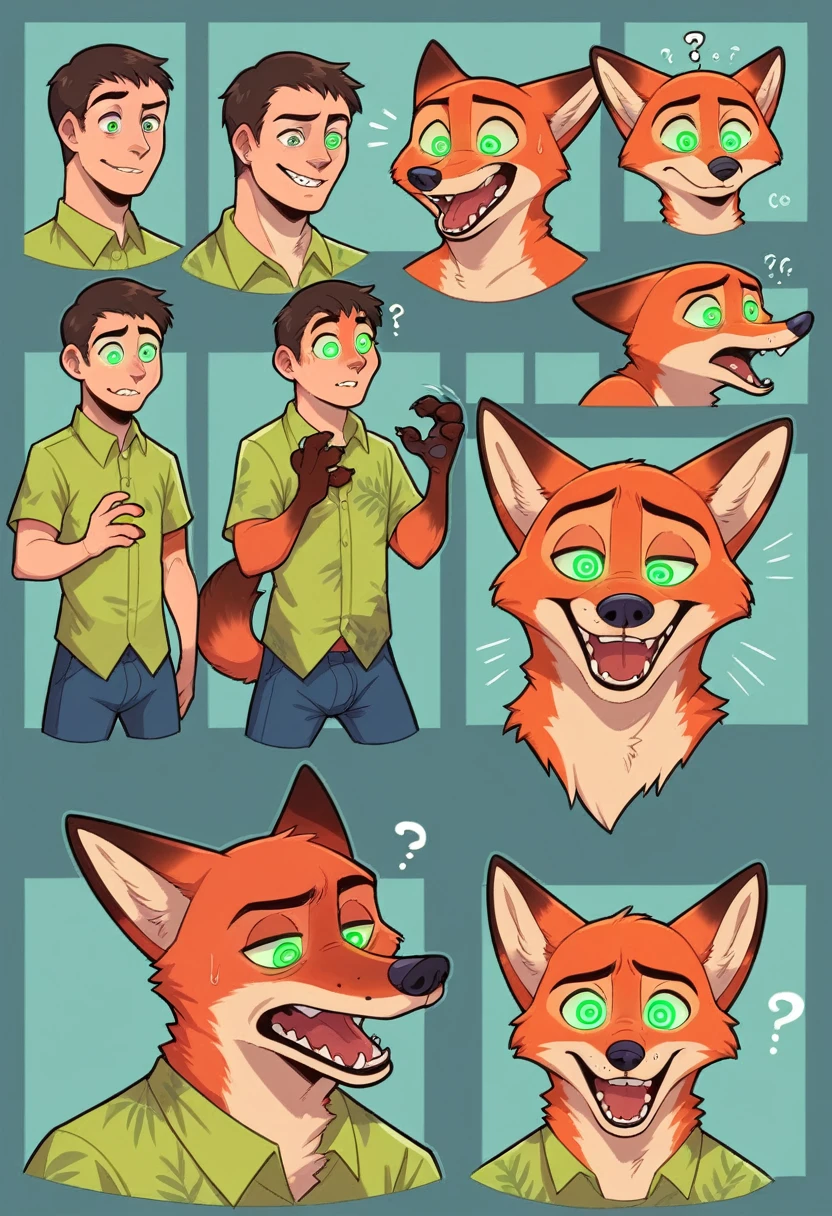 Male, fox, furry, nick wilde, zootopia, canine, shirtless, ripped clothing, fox transformation, human, bright glowing eyes, confused expression, canine penis, sheath, sharp teeth, detailed mouth, hypnosis, hypnotic eyes, bright glowing eyes, transformation sequence, transformation series