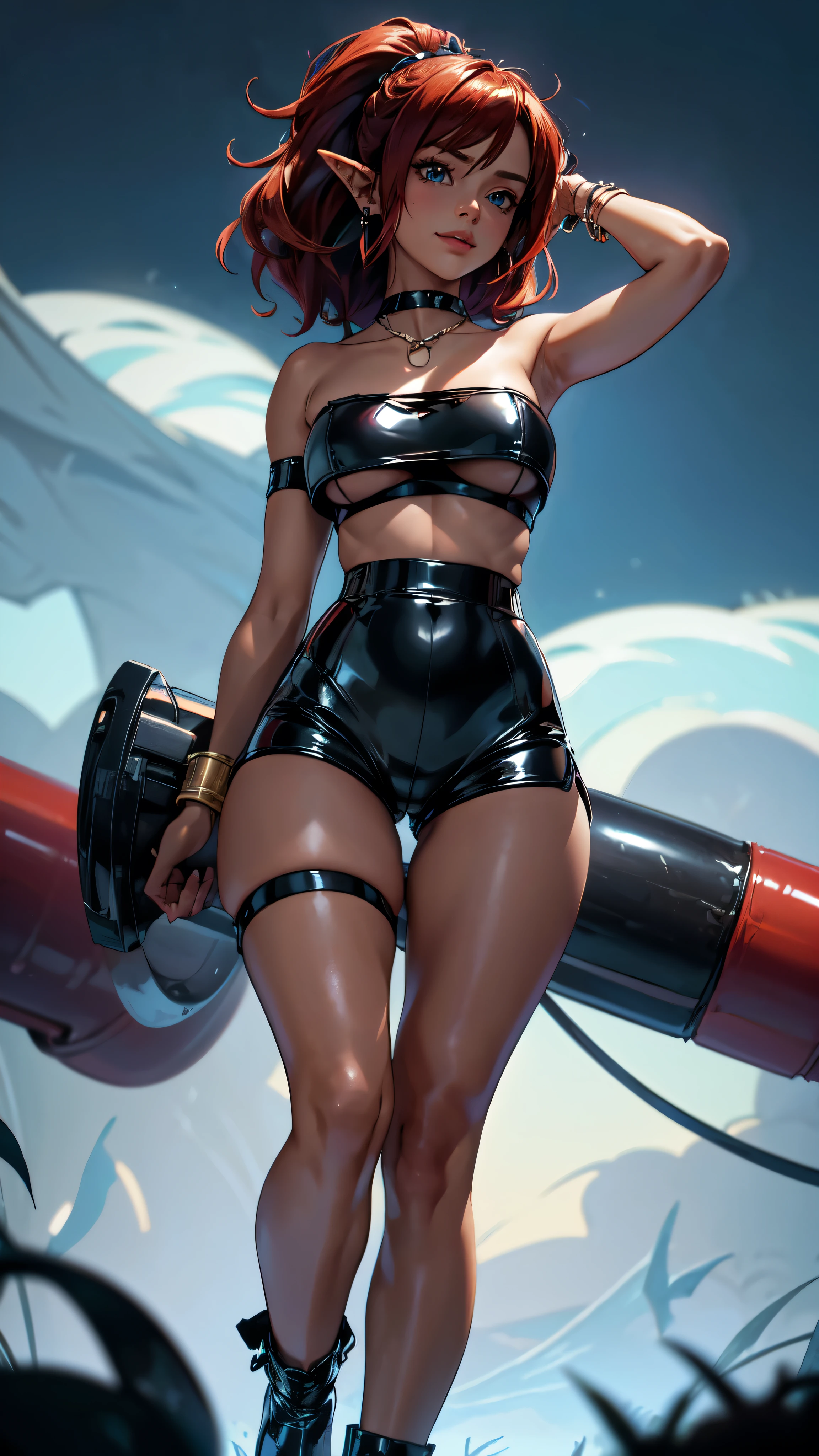 1girl, anime girl, anime, (dark skin), bracelet, necklace, earrings, 2d girl, 18y, (fullbody), standing, anime girl, seductive smile, (red hair), flowing hair, hair flowing in the wind, ((black latex,tube top,strapless)), ((underboob view)), cleavage, Solo, Slim, foot,Big Breasts, Tight Shorts, low waist shorts, upshorts, outdoors, night background, flowers, looking at viewer, darker shadows, (((Wedgie))), (((explicit))), (((latex, black latex shorts, shorts, latex shorts))), (((absurdres))), (((thigh gap))), (((cameltoe))), (((lowleg shorts))), (((sexy))), (((sensual))), (((Detailed description vagina))), (Raise one leg wide), (((Tube Top))), (((Strapless))),detailed eyes, detaield hands, detailed face, elf woman, full body
