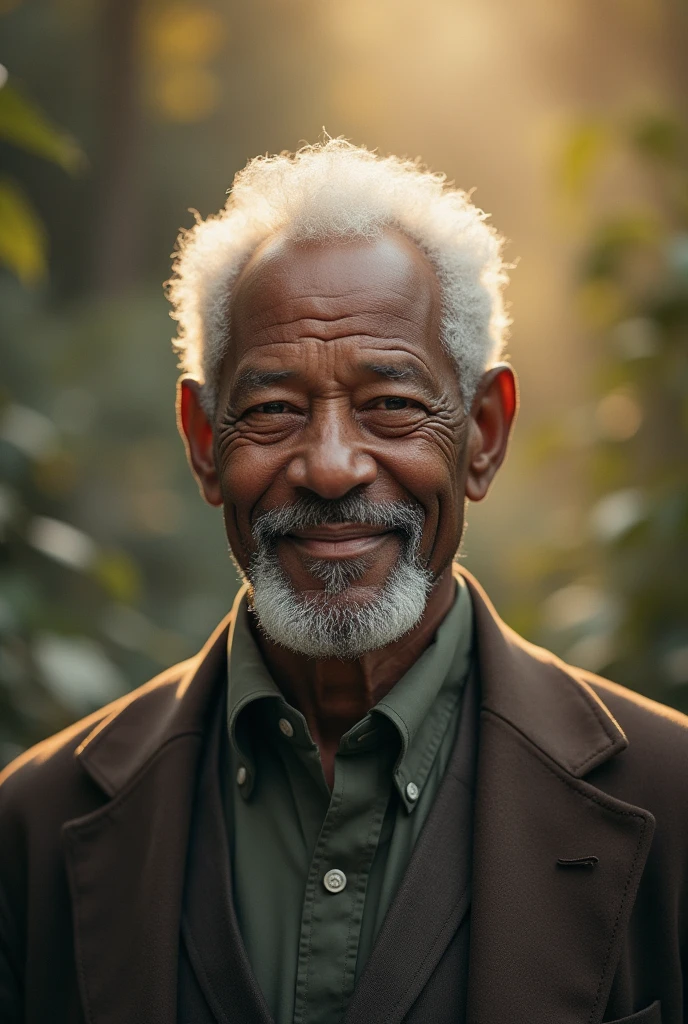 A man with the characteristics of Morgan Freeman , skin fair. facing the front