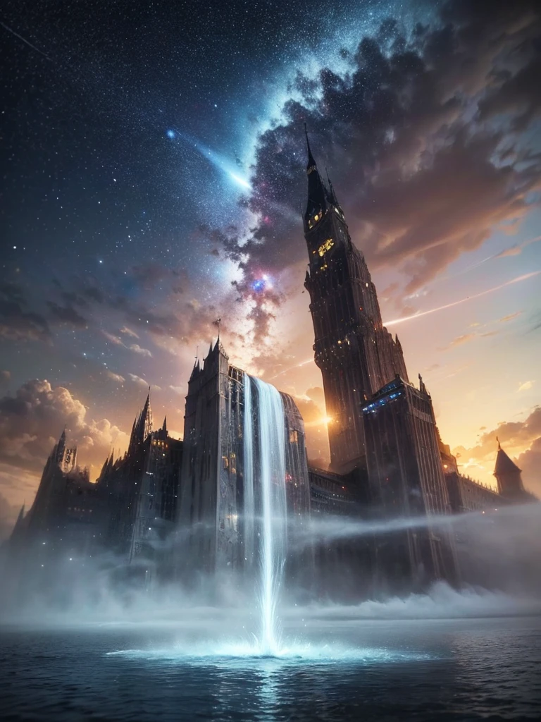 (8k, highest quality, masterpiece, final fantasy style: 1.2), (unRealistic, photoRealistic: 1.37), Dreamy landscape, Fantasy, Unsurreal landscapes, Super detailed, Flying Castle, Floating Island in the Sky, Seven-colored swirl of light, Intense lightning, milky way, Complex Light, Colored light, Large Lake, Starry sky reflected on the lake surface, Countless shining stars, Meteors, Reflections , (A pillar of light emanated from the ground:1,2), roses and orchids gardens , sunset, pink clouds, waterfalls in the sky, realistic style, Hyperrealism drawing, a flying pirate spaceship floating above the clouds , burning skyscrapers, , timeless realms, stunning princess , casting spell, healing light magic effect, in a magical lagoon of the fairyland, crystal clear water surface reflections, sharp focus, looking at viewer, (close-up:0.9), (bright white theme:1.2), (bright white tone:1.2), (deep blue tone:1.3),((( realistic, Hyperrealism, vivid colours , landscapes , alien cyborgs , science fiction themes))),
