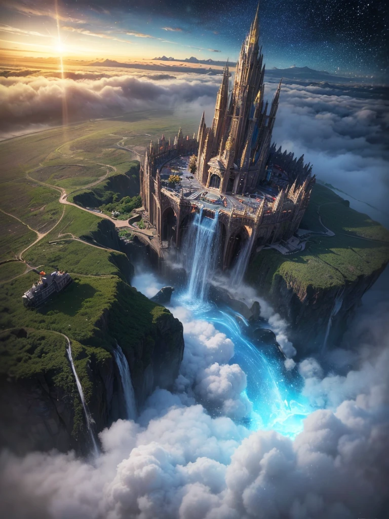 (8k, highest quality, masterpiece, final fantasy style: 1.2), (unRealistic, photoRealistic: 1.37), Dreamy landscape, Fantasy, Unsurreal landscapes, Super detailed, Flying Castle, Floating Island in the Sky, Seven-colored swirl of light, Intense lightning, milky way, Complex Light, Colored light, Large Lake, Starry sky reflected on the lake surface, Countless shining stars, Meteors,  Reflections , (A pillar of light emanated from the ground:1,2), roses and orchids gardens , sunset, pink clouds, waterfalls in the sky, realistic style, Hyperrealism drawing, a flying pirate spaceship floating above the  clouds , burning skyscrapers, , timeless realms, stunning  princess  ,  casting spell, healing light magic effect, in a magical lagoon of the fairyland, crystal clear water surface reflections, sharp focus, looking at viewer, (close-up:0.9), (bright white theme:1.2), (bright white tone:1.2), (deep blue tone:1.3),((( realistic, Hyperrealism, vivid colours , landscapes , alien cyborgs , science fiction themes))), 