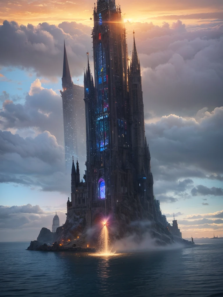 (8k, highest quality, masterpiece, final fantasy style: 1.2), (unRealistic, photoRealistic: 1.37), Dreamy landscape, Fantasy, Unsurreal landscapes, Super detailed, Flying Castle, Floating Island in the Sky, Seven-colored swirl of light, Intense lightning, milky way, Complex Light, Colored light, Large Lake, Starry sky reflected on the lake surface, Countless shining stars, Meteors, Reflections , (A pillar of light emanated from the ground:1,2), roses and orchids gardens , sunset, pink clouds, waterfalls in the sky, realistic style, Hyperrealism drawing, a flying pirate spaceship floating above the clouds , burning skyscrapers, , timeless realms, stunning princess , casting spell, healing light magic effect, in a magical lagoon of the fairyland, crystal clear water surface reflections, sharp focus, looking at viewer, (close-up:0.9), (bright white theme:1.2), (bright white tone:1.2), (deep blue tone:1.3),((( realistic, Hyperrealism, vivid colours , landscapes , alien cyborgs , science fiction themes))),