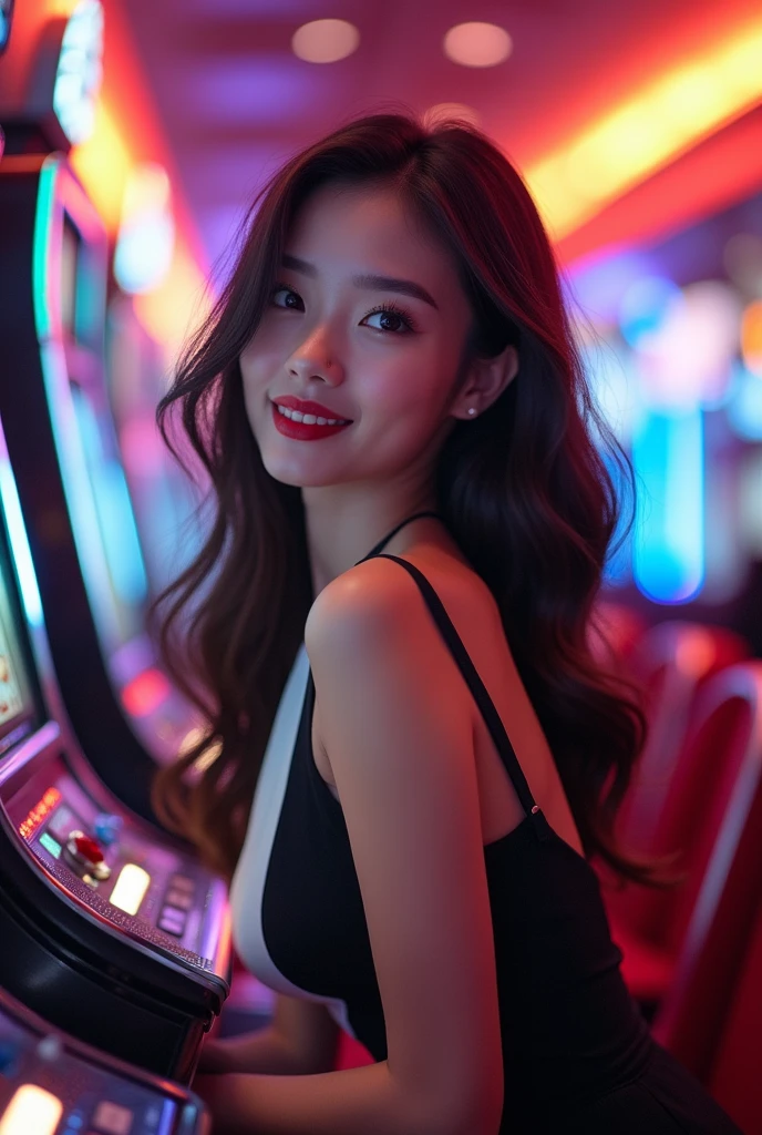 Elegant and Realistic Asian Girl wearing Black and white party dress is Playing Slot Gambling
